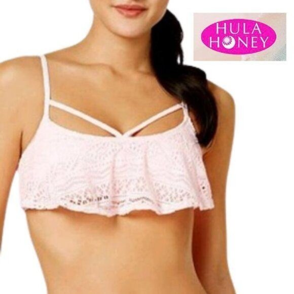 HULA HONEY Wild One Pink Crochet Flounce Bathing Suit Swimsuit Bikini Top NWT - Picture 1 of 6